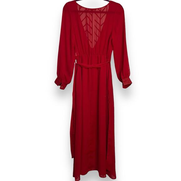 UPS & DOWNS Maxi Dress Womens Medium Red Semi Sheer Valentines Holiday Belt NWOT - Picture 2 of 14